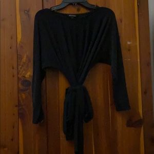 black 3/4 sleeve jersey blouse w/tie waist